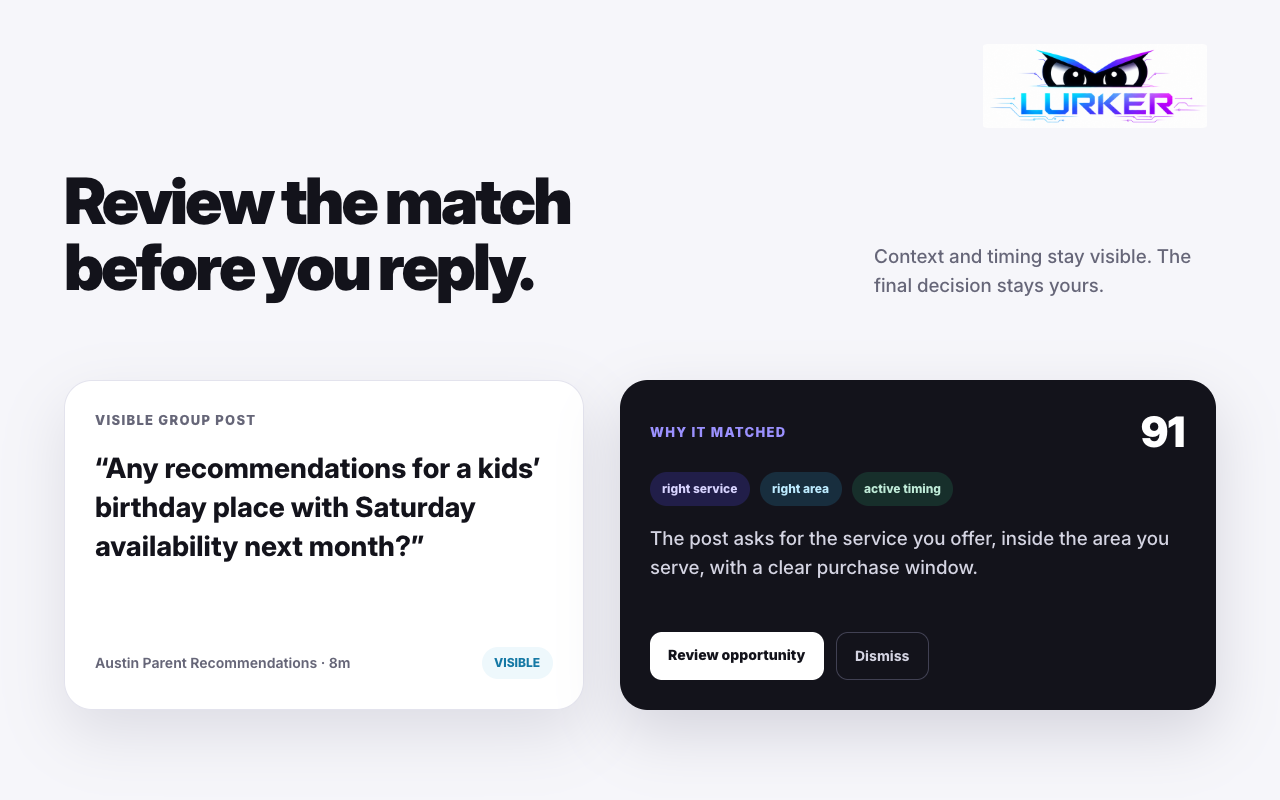 Light-theme Lurker review concept showing visible post context, match reasons, relevance score, and a human review action