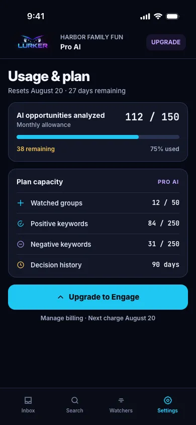 Synthetic Lurker usage screen showing a Pro AI monthly allowance, plan limits, upgrade control, and billing link